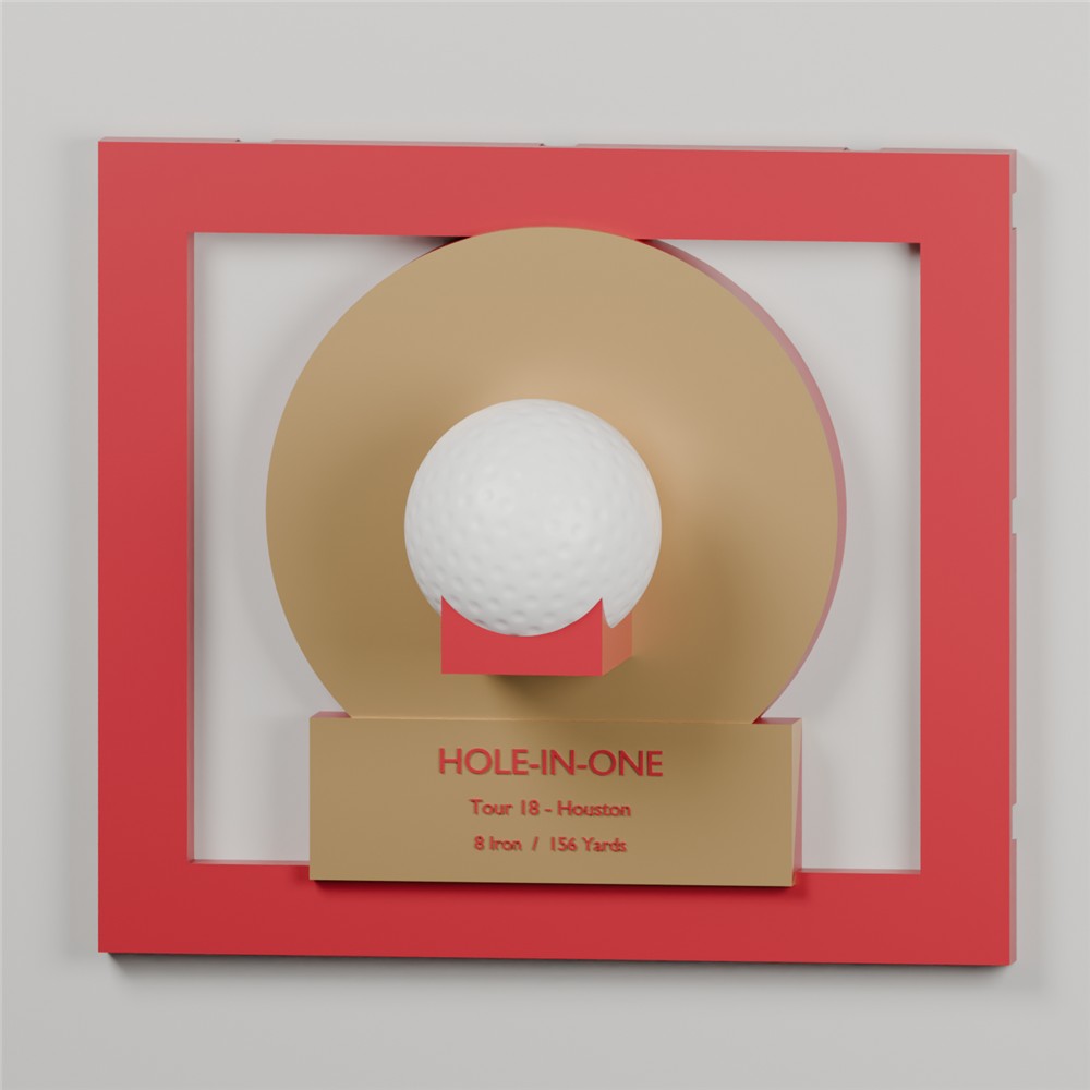 Rendered scarlet and gold hole-in-one display module with example personalization